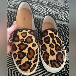 *New Never Worn* Women’s J.Crew slip on tennis shoe 
Leopard hair calf  Size 9